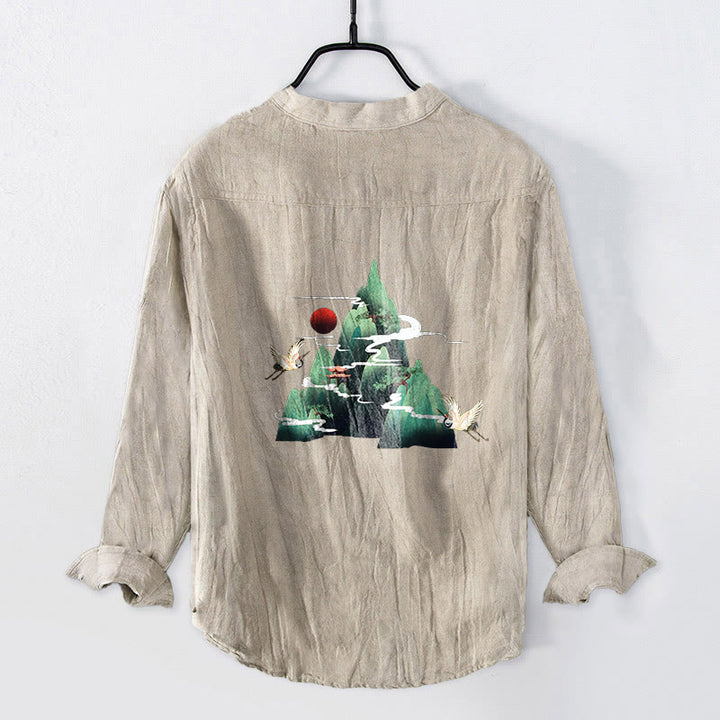 Buddha Stones Red Sun Mountain Crane Pattern Half Buttons Men's Cotton Linen Long Sleeve Shirt - image 5