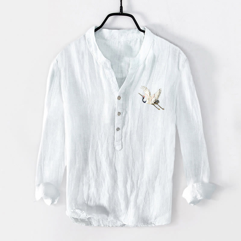 Buddha Stones Red Sun Mountain Crane Pattern Half Buttons Men's Cotton Linen Long Sleeve Shirt - image 7