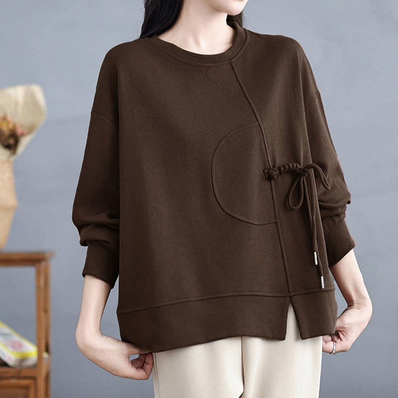 Buddha Stones Plain Frog-button Design Crew Neck Cotton Women's Long Sleeve Sweatshirt - SaddleBrown - US12，UK/AU16，EU44 (3XL) - image 1