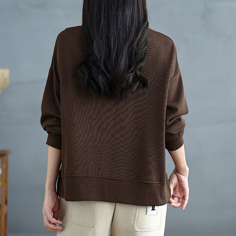 Buddha Stones Fall Solid Color Asymmetrical Design Crew Neck Long Sleeve Women's Cotton Sweatshirt - image 3