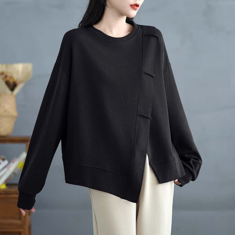 Buddha Stones Fall Solid Color Asymmetrical Design Crew Neck Long Sleeve Women's Cotton Sweatshirt - image 21