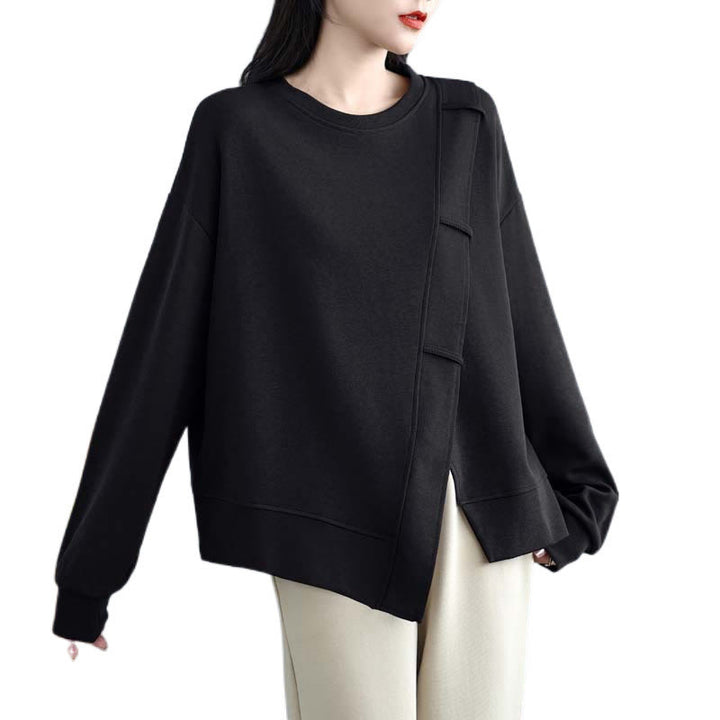 Buddha Stones Fall Solid Color Asymmetrical Design Crew Neck Long Sleeve Women's Cotton Sweatshirt - image 25