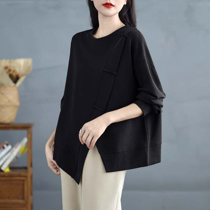 Buddha Stones Fall Solid Color Asymmetrical Design Crew Neck Long Sleeve Women's Cotton Sweatshirt - Black - US12，UK/AU16，EU44 (3XL) - image 20