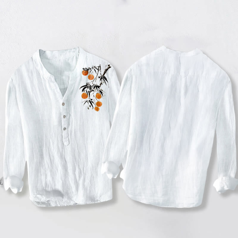 Buddha Stones Elegant Orange Tree Pattern Half Buttons Men's Cotton Linen Long Sleeve Shirt - image 5