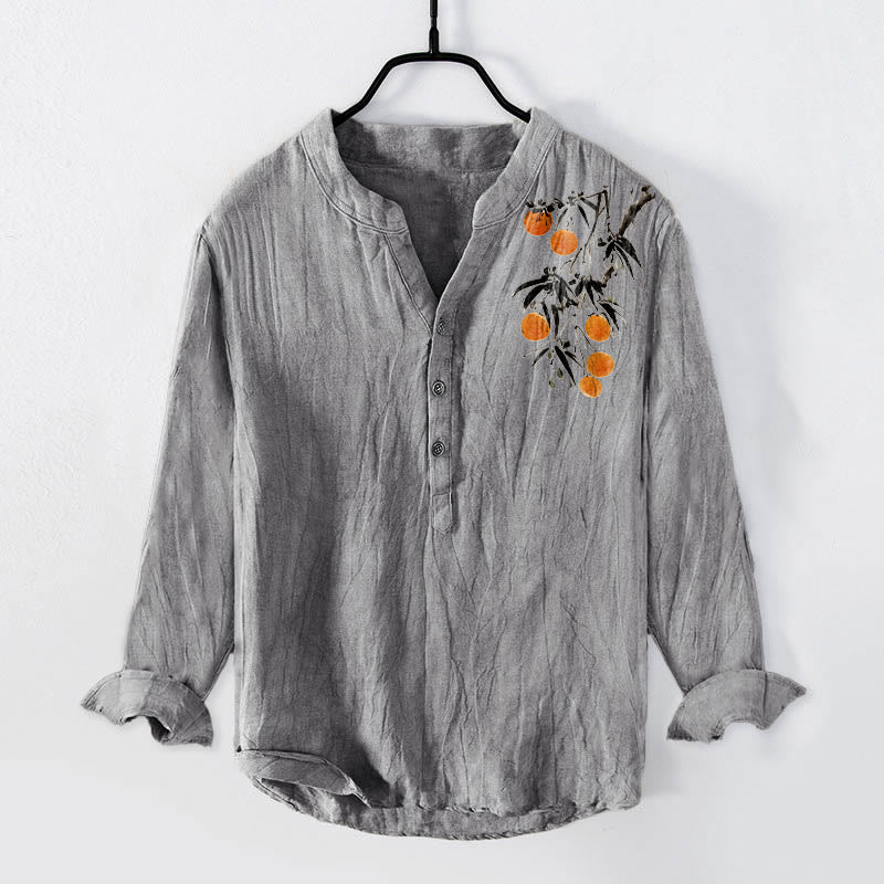 Buddha Stones Elegant Orange Tree Pattern Half Buttons Men's Cotton Linen Long Sleeve Shirt - Gray - US/UK/AU50，EU60 (5XL) - image 6