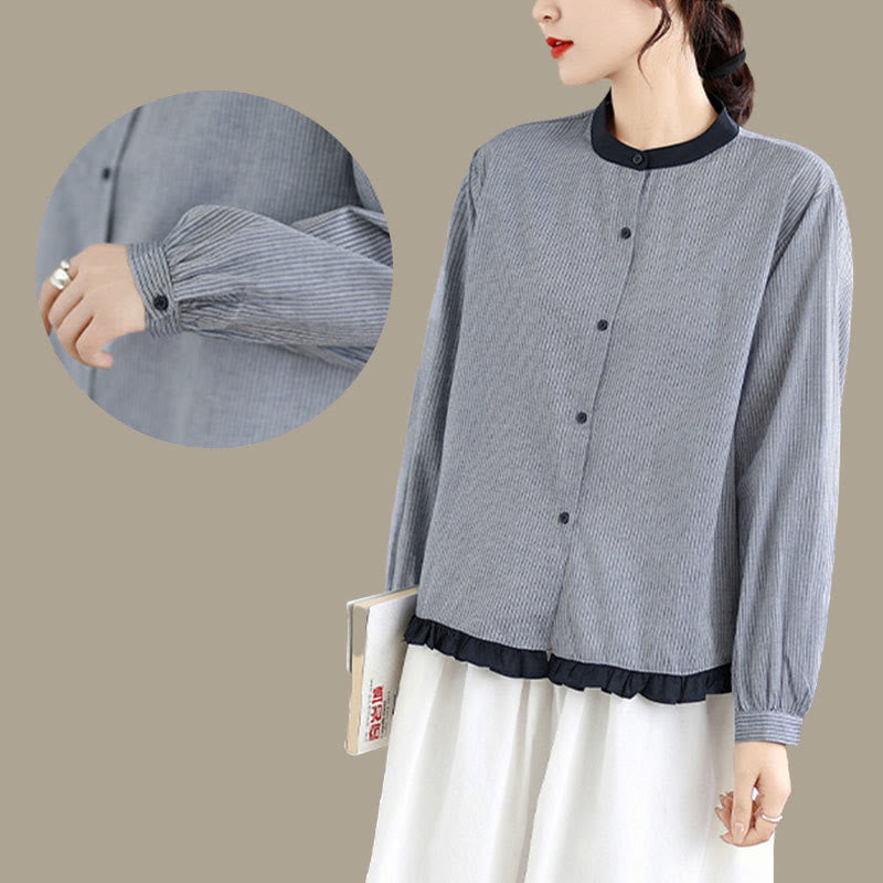 Buddha Stones Fall Plaid Striped Pattern Ruffled Hem Buttons Women's Cotton Long Sleeve Shirt - image 14