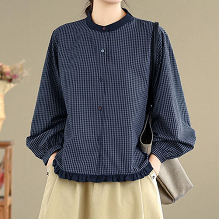 Buddha Stones Fall Plaid Striped Pattern Ruffled Hem Buttons Women's Cotton Long Sleeve Shirt - image 5