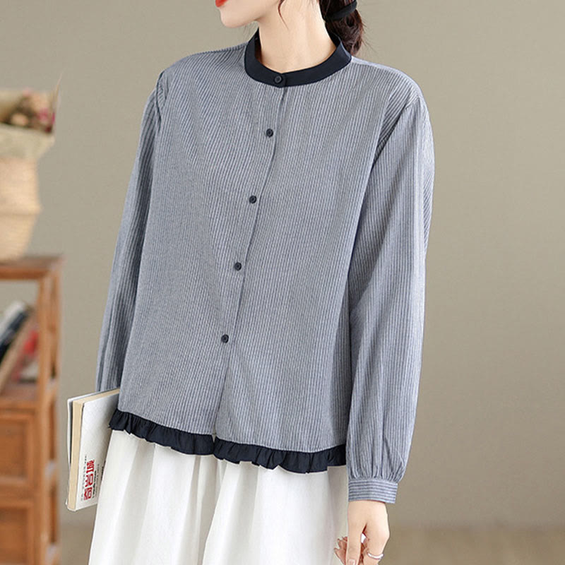 Buddha Stones Fall Plaid Striped Pattern Ruffled Hem Buttons Women's Cotton Long Sleeve Shirt - image 8