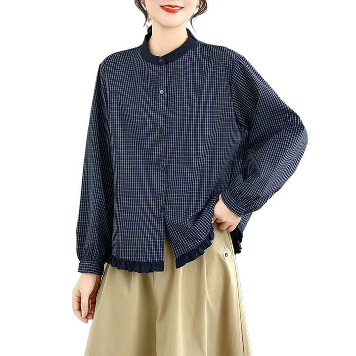Buddha Stones Fall Plaid Striped Pattern Ruffled Hem Buttons Women's Cotton Long Sleeve Shirt - image 6