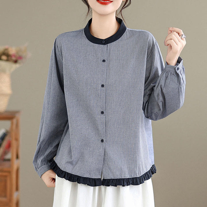 Buddha Stones Fall Plaid Striped Pattern Ruffled Hem Buttons Women's Cotton Long Sleeve Shirt - image 9