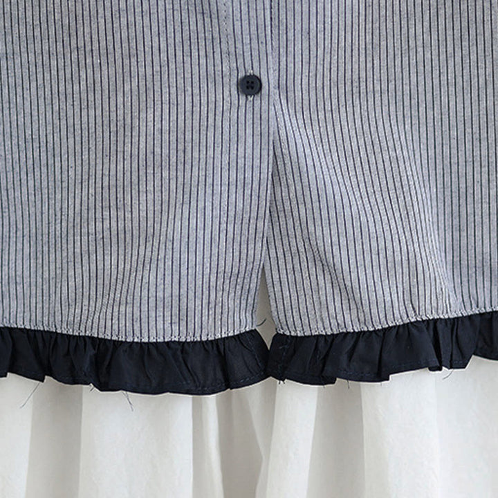 Buddha Stones Fall Plaid Striped Pattern Ruffled Hem Buttons Women's Cotton Long Sleeve Shirt - image 20