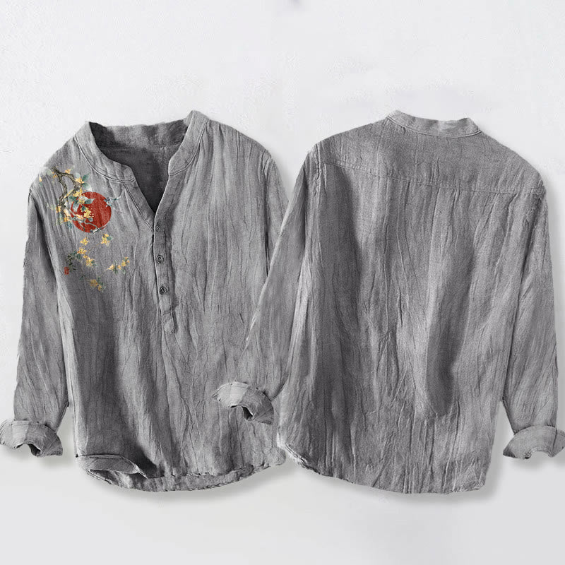 Buddha Stones Osmanthus Red Sun Pattern Half Buttons Men's Cotton Linen Long Sleeve Shirt - image 5