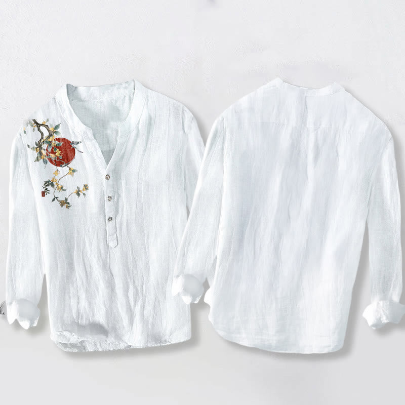 Buddha Stones Osmanthus Red Sun Pattern Half Buttons Men's Cotton Linen Long Sleeve Shirt - image 8