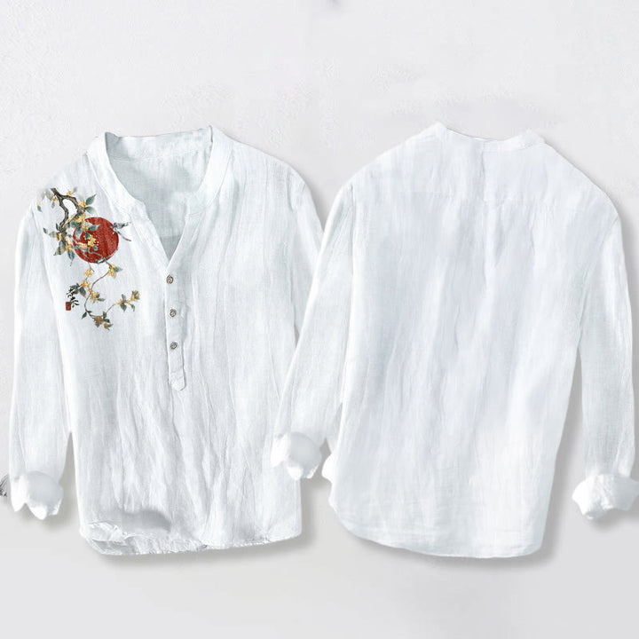 Buddha Stones Osmanthus Red Sun Pattern Half Buttons Men's Cotton Linen Long Sleeve Shirt - image 8