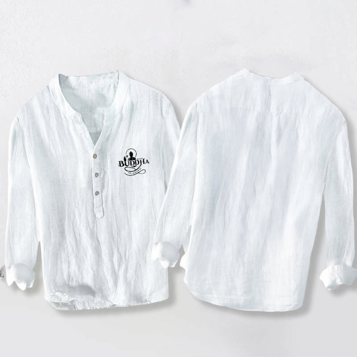 Buddha Stones Buddha Image Lotus Word Pattern Half Buttons Men's Cotton Linen Long Sleeve Shirt - image 5