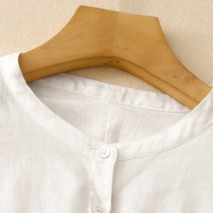 Buddha Stones Solid Color Crew Neck Buttons Design Women's Cotton Long Sleeve Shirt - image 10