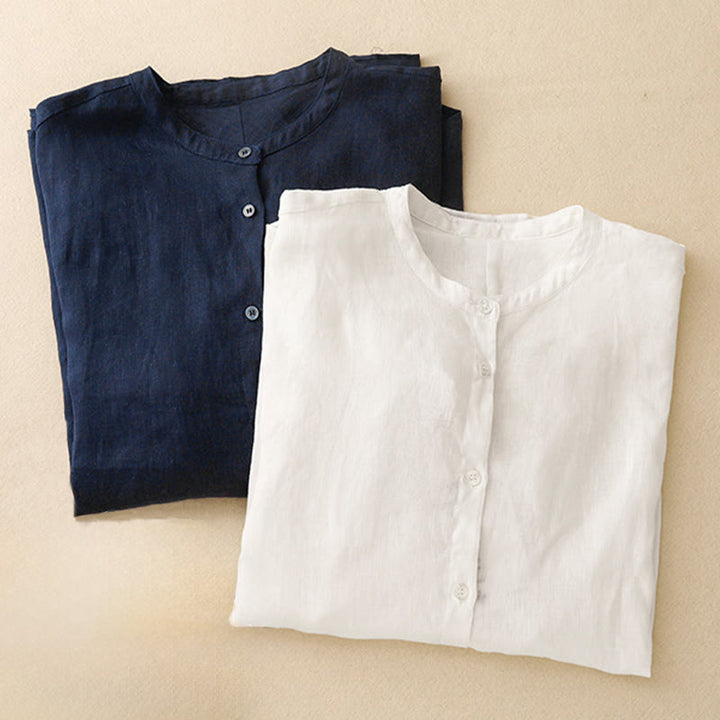 Buddha Stones Solid Color Crew Neck Buttons Design Women's Cotton Long Sleeve Shirt - image 17