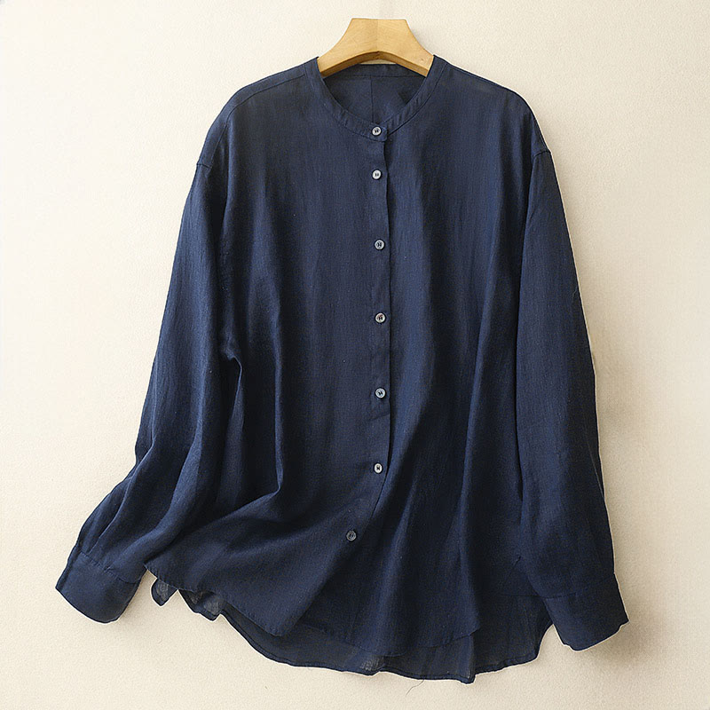 Buddha Stones Solid Color Crew Neck Buttons Design Women's Long Sleeve Shirt - MidnightBlue - US8-10，UK/AU12-14，EU40-42 (2XL) - image 0