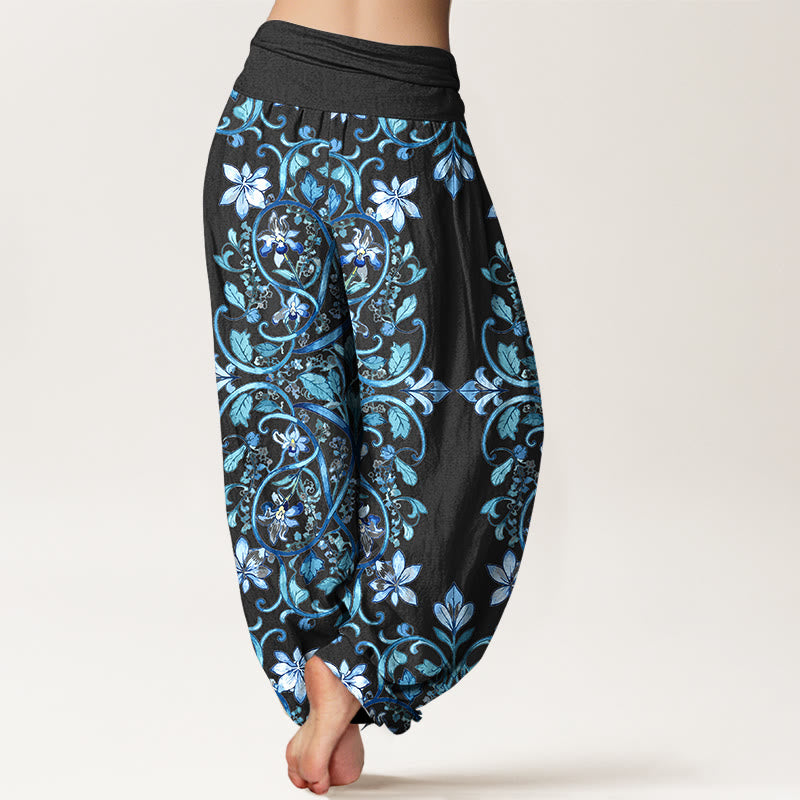 Buddha Stones Cotton Symmetrical Flower Vines Leaves Pattern Women's Elastic Waist Harem Pants - image 1