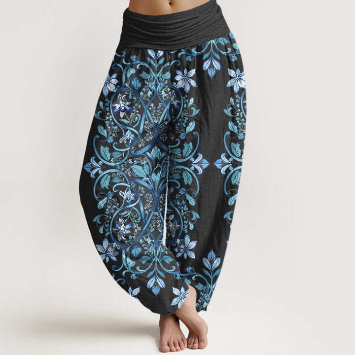 Buddha Stones Cotton Symmetrical Flower Vines Leaves Pattern Women's Elastic Waist Harem Pants - Black - US16，UK/AU20，EU48 (3XL) - image 0