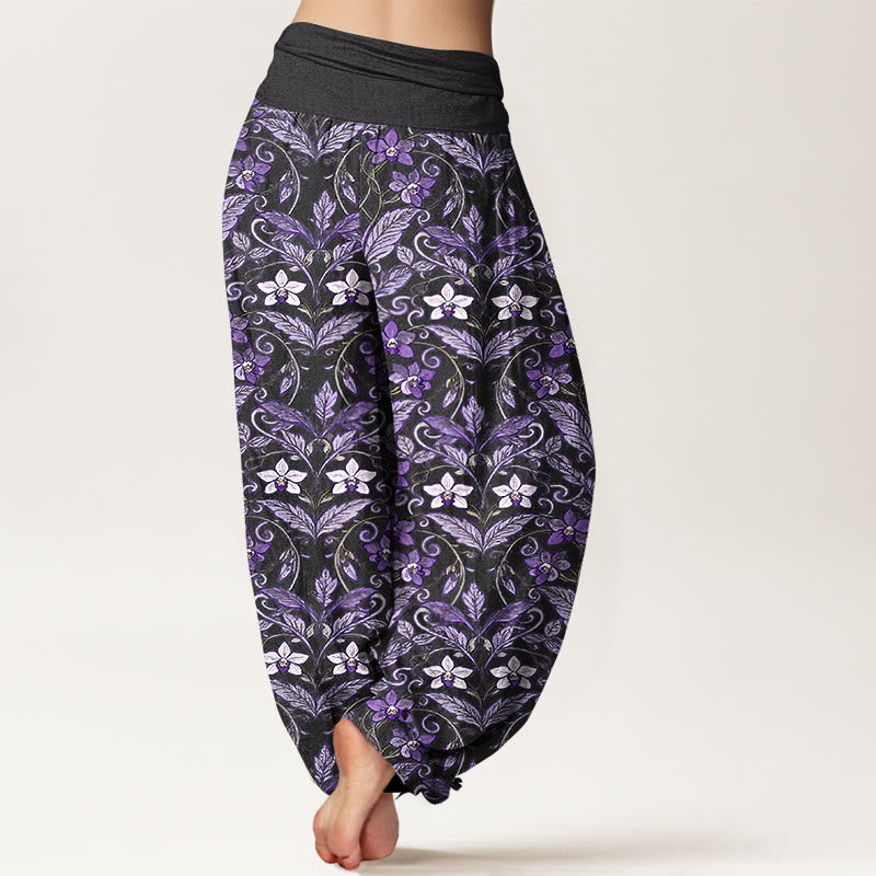 Buddha Stones Cotton Star Shaped Flowers Leaves Pattern Women's Elastic Waist Harem Pants - image 9