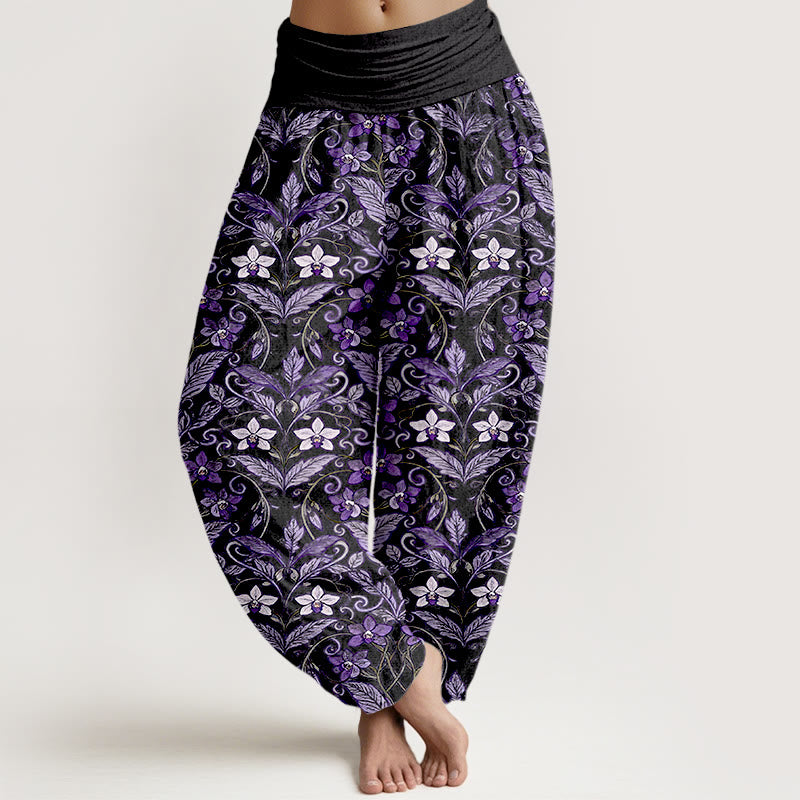Buddha Stones Cotton Star Shaped Flowers Leaves Pattern Women's Elastic Waist Harem Pants - Black - US16，UK/AU20，EU48 (3XL) - image 8