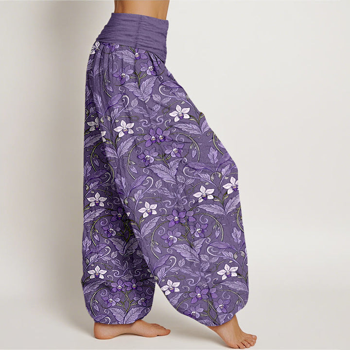 Buddha Stones Cotton Star Shaped Flowers Leaves Pattern Women's Elastic Waist Harem Pants - image 13