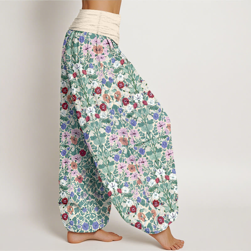 Buddha Stones Cotton Softly Colored Flower Leaf Pattern Women's Elastic Waist Harem Pants - image 2