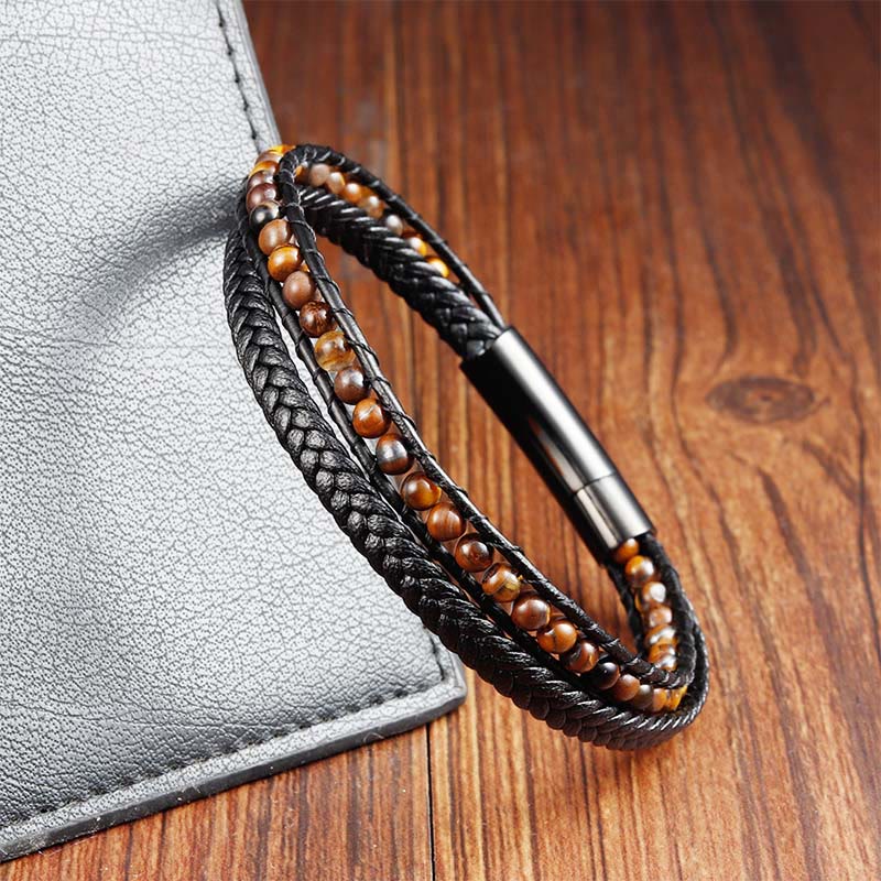 Buddha Stones Tiger Eye Titanium Steel Protection Strengthen Leather Bracelet - image 4