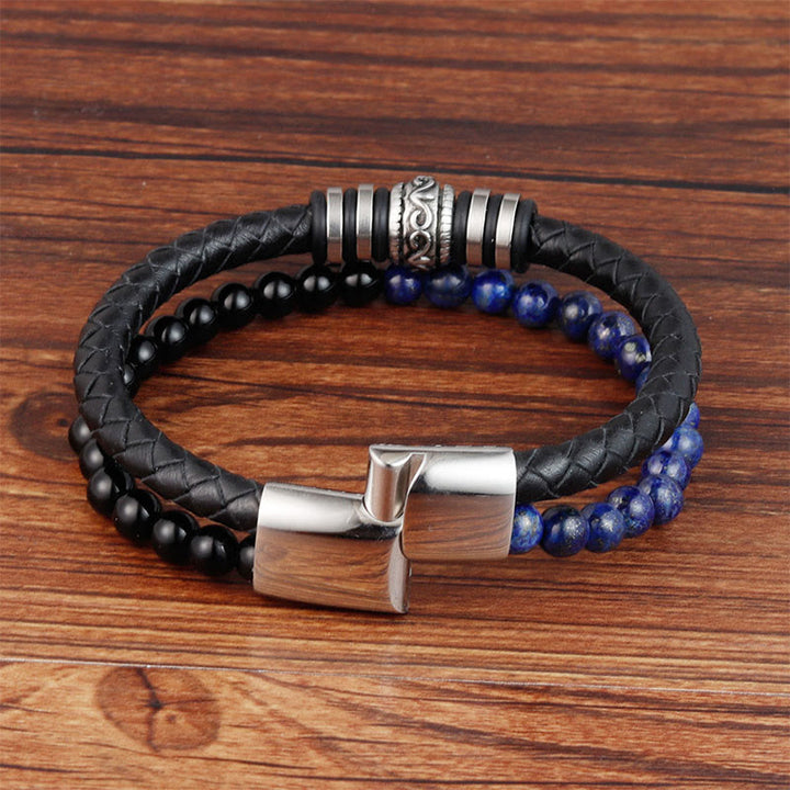 Buddha Stones Black Onyx Lazurite Titanium Steel Fortune Calm Leather Bracelet - image 2