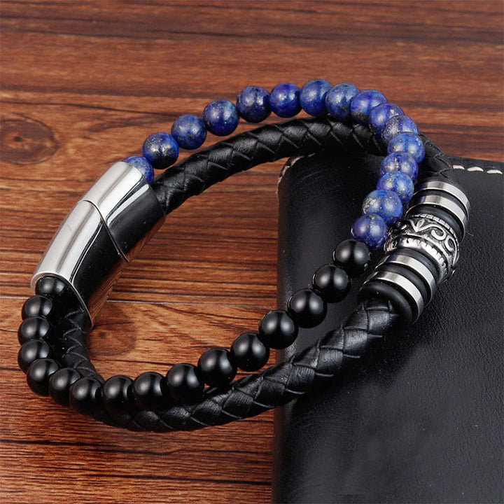 Buddha Stones Black Onyx Lazurite Lapis Lazuli Titanium Steel Fortune Calm Leather Bracelet - image 3