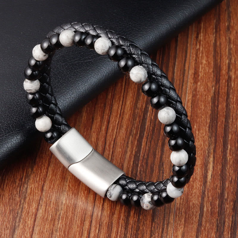 Buddha Stones Black Onyx Grey Jasper Titanium Steel Stability Leather Bracelet - Black Onyx Grey Jasper(Wrist Circumference: 18-19cm) - image 0