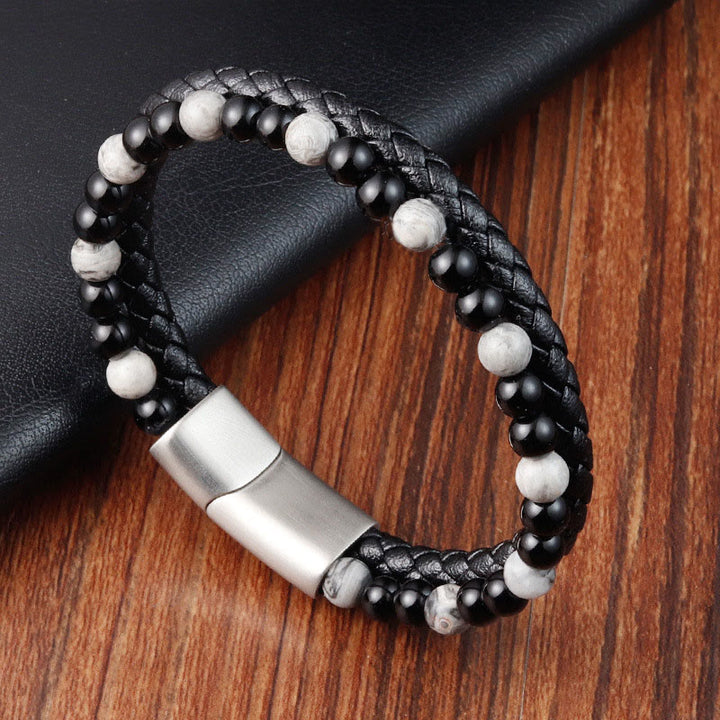 Buddha Stones Black Onyx Grey Jasper Titanium Steel Stability Leather Bracelet - Black Onyx Grey Jasper(Wrist Circumference: 18-19cm) - image 0