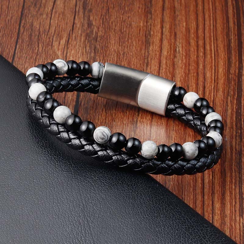 Buddha Stones Black Onyx Grey Jasper Titanium Steel Stability Leather Bracelet - image 2
