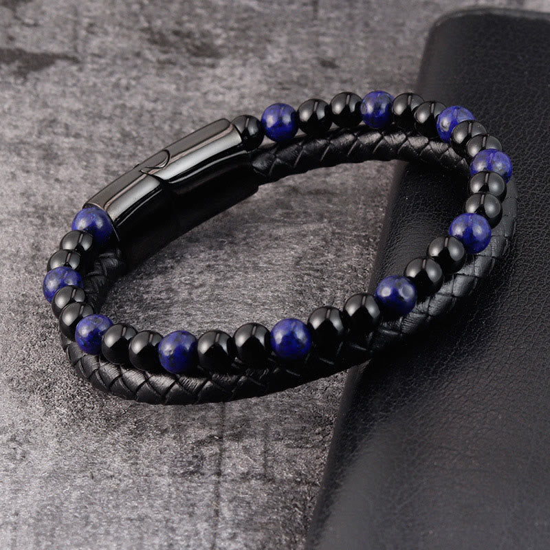 Buddha Stones Black Onyx Lazurite Titanium Steel Positive Self Care Leather Bracelet - image 2