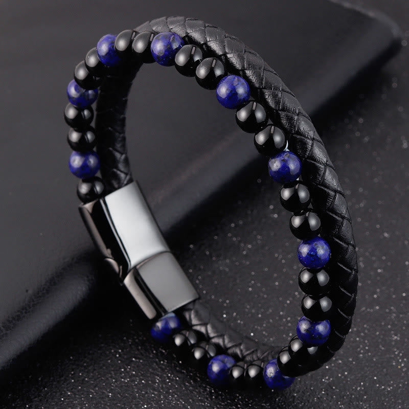 Buddha Stones Black Onyx Lazurite Lapis Lazuli Titanium Steel Positive Self Care Leather Bracelet - image 9