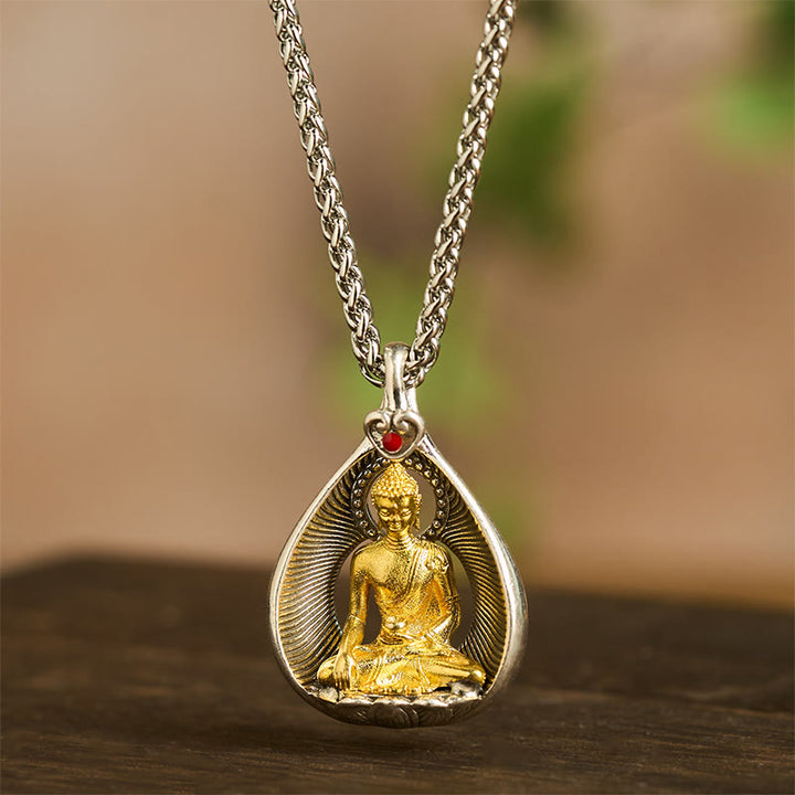 Buddha Stones Green Tara Shakyamuni Buddha Copper Plated Silver Curb Chain Luck Pendant Necklace - image 11