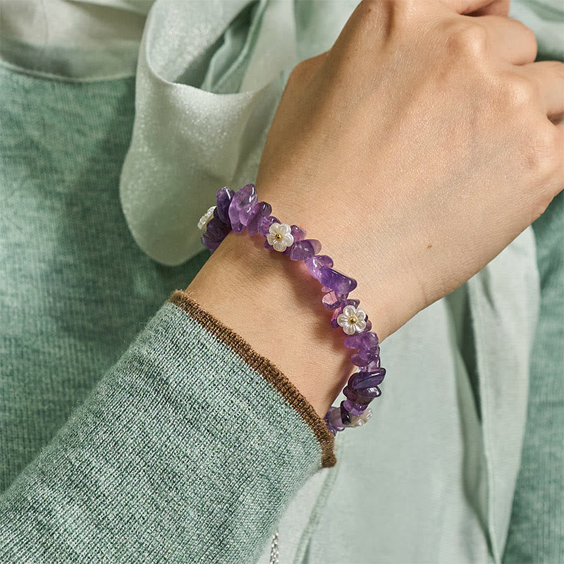 Buddha Stones Irregular Crystal Flower Design Amethyst White Crystal Balance Bracelet - image 4