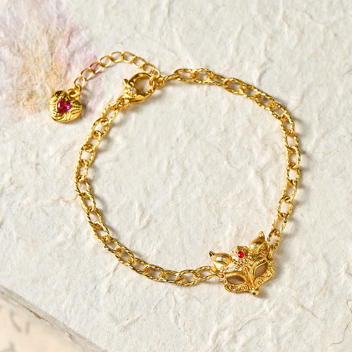 Buddha Stones 24k Gold Plated Brass Fox Design Heart Charm Chain Bracelet - image 1