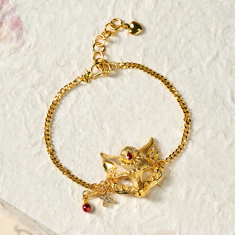 Buddha Stones 24k Gold Plated Brass Fox Mask Charm Tassel Chain Bracelet - image 3
