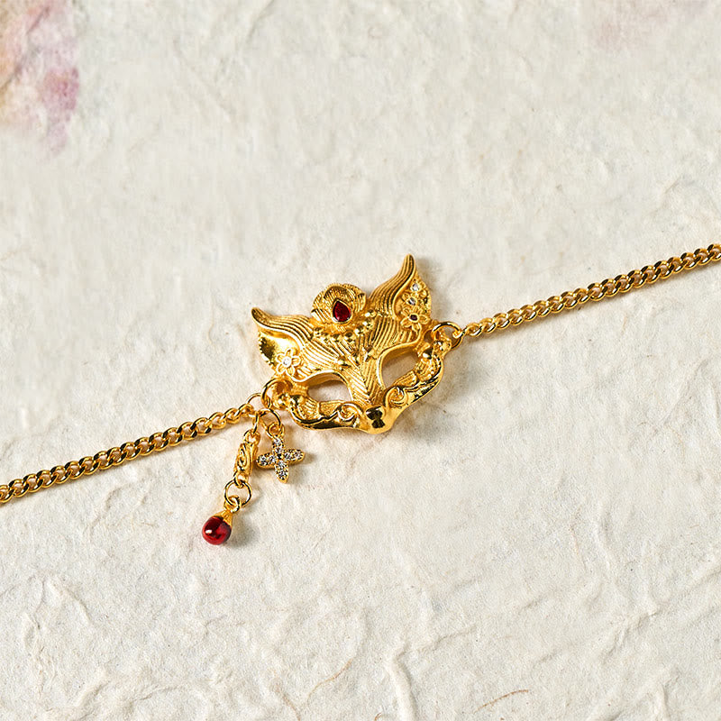 Buddha Stones 24k Gold Plated Brass Fox Mask Charm Tassel Chain Bracelet - image 5