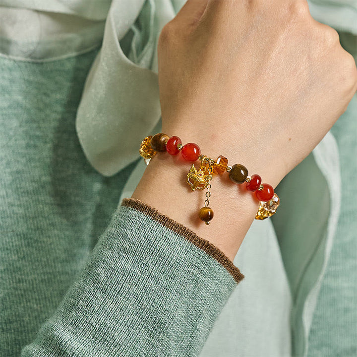 Buddha Stones Red Agate Tiger Eye Fox Charm Calm Beaded Bracelet - image 8