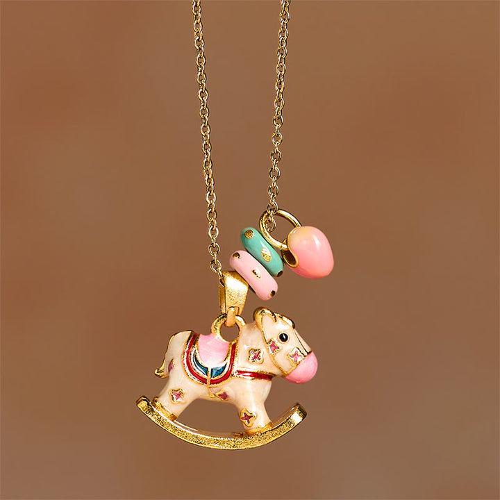 Buddha Stones Colorful Year Of The Horse 24k Gold Plated Copper Necklace Pendant - Rocking Horse - image 0
