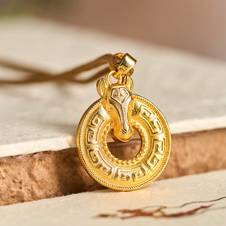Buddha Stones Year Of The Horse Peace Buckle Fu Character Gold Plated Copper Energy Necklace Pendant - Copper Horse - image 0