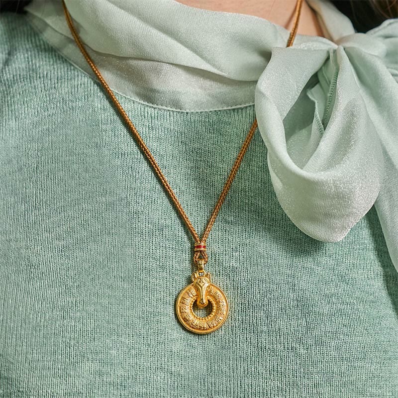 Buddha Stones Year Of The Horse Peace Buckle Fu Character Gold Plated Copper Energy Necklace Pendant - image 7
