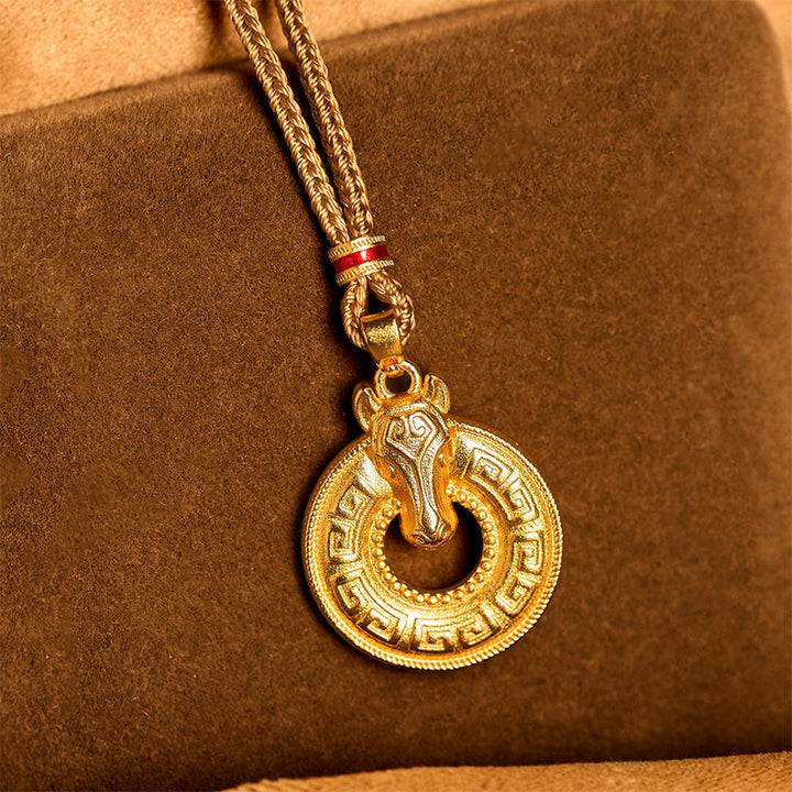 Buddha Stones Year Of The Horse Peace Buckle Fu Character Gold Plated Copper Energy Necklace Pendant - image 3