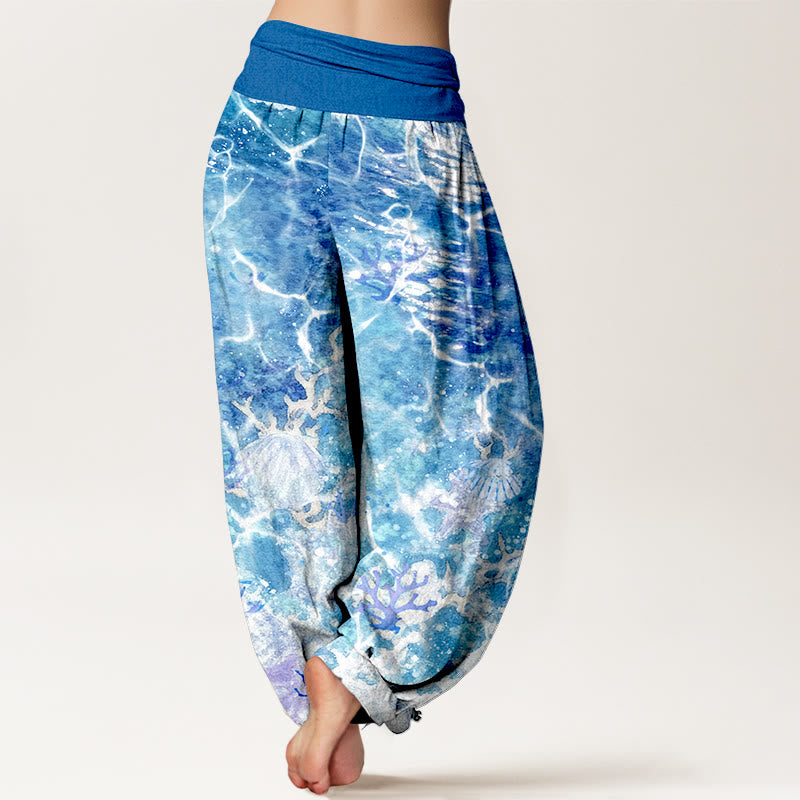 Buddha Stones Cotton Lively Ocean Seashells Coral Pattern Women's Elastic Waist Harem Pants - image 1