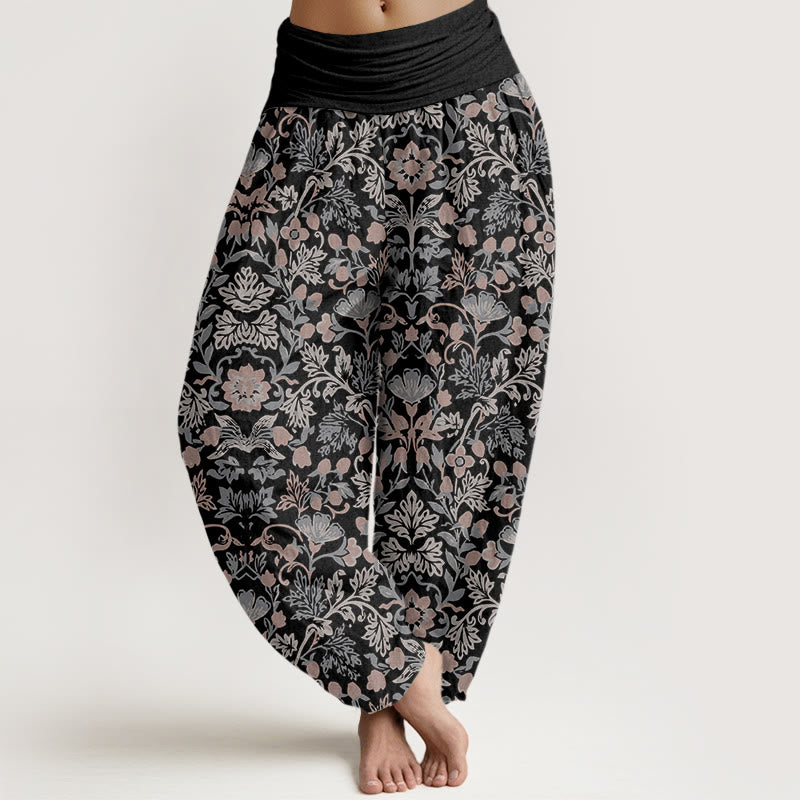 Buddha Stones Pure Cotton Complicated Flower Leaves Vine Pattern Women's Elastic Waist Harem Pants - Black - US16，UK/AU20，EU48 (3XL) - image 0