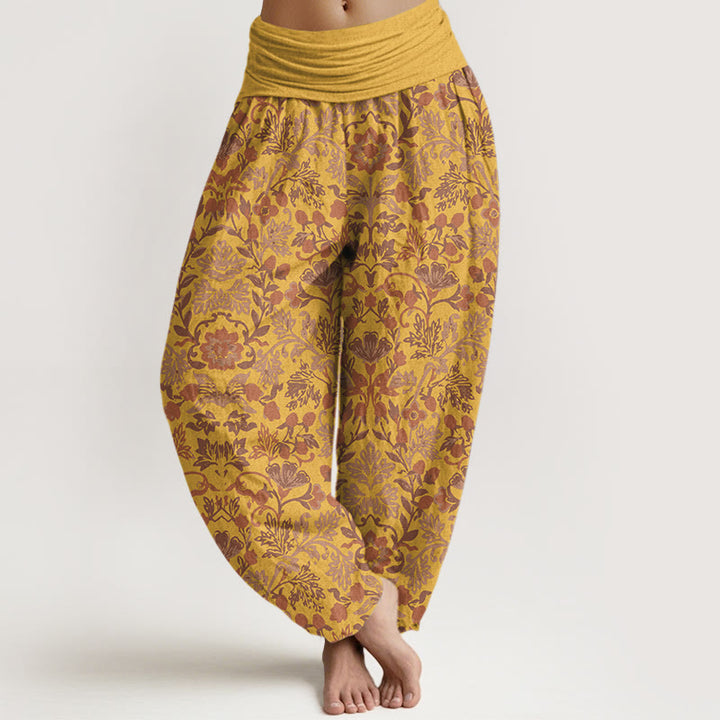 Buddha Stones Pure Cotton Complicated Flower Leaves Vine Pattern Women's Elastic Waist Harem Pants - Gold - US16，UK/AU20，EU48 (3XL) - image 8