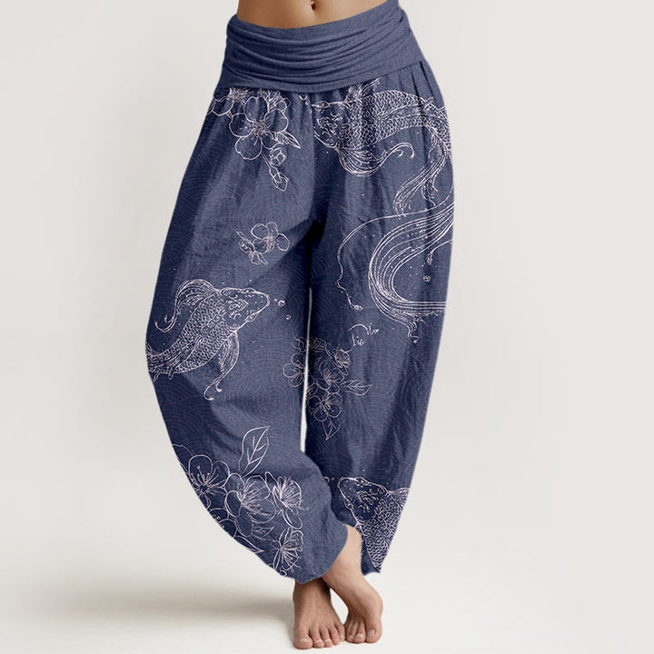 Buddha Stones Pure Cotton Exquisite Koi Fish Flowers Patterns Women's Elastic Waist Harem Pants - DarkSlateBlue - US16，UK/AU20，EU48 (3XL) - image 0